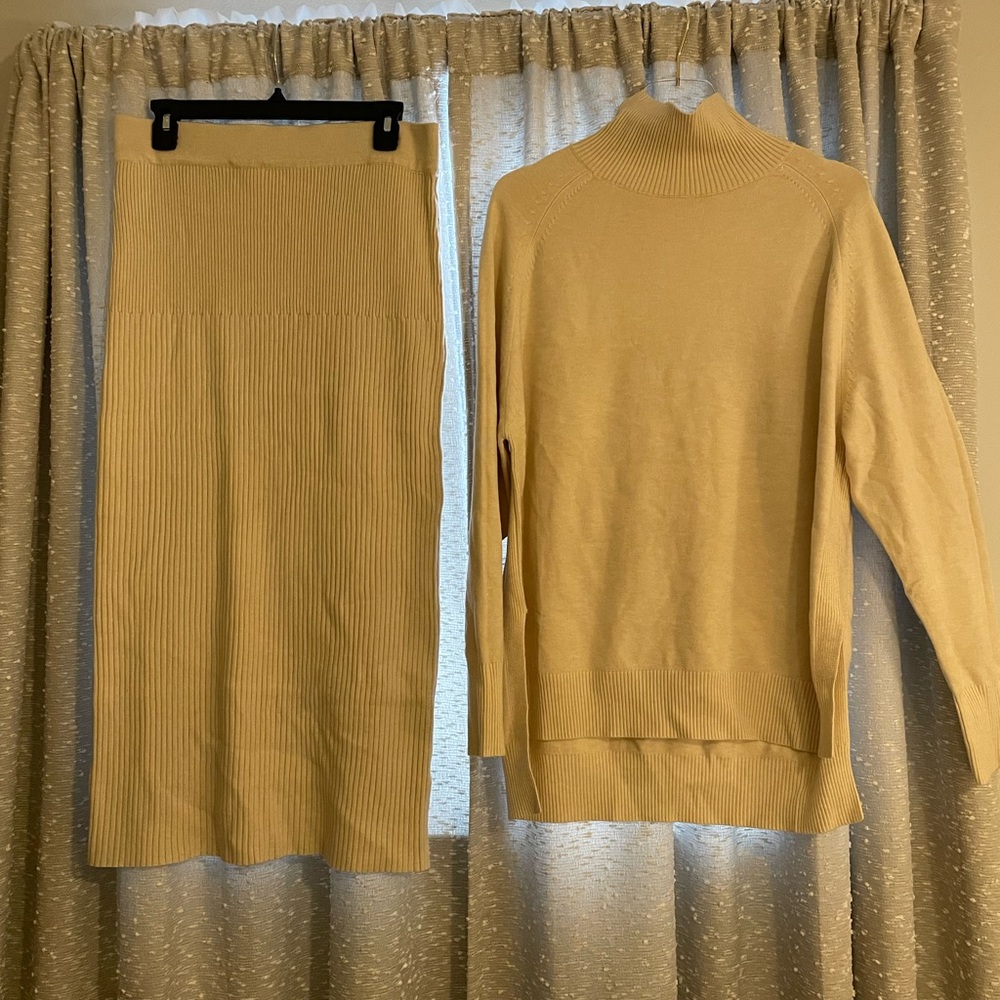 Cream Shirt and Skirt Sweater Set